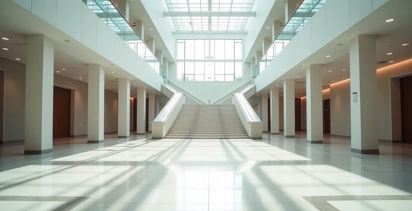 Vue large d'un hall d'immeuble avec architecture moderne et espace épuré