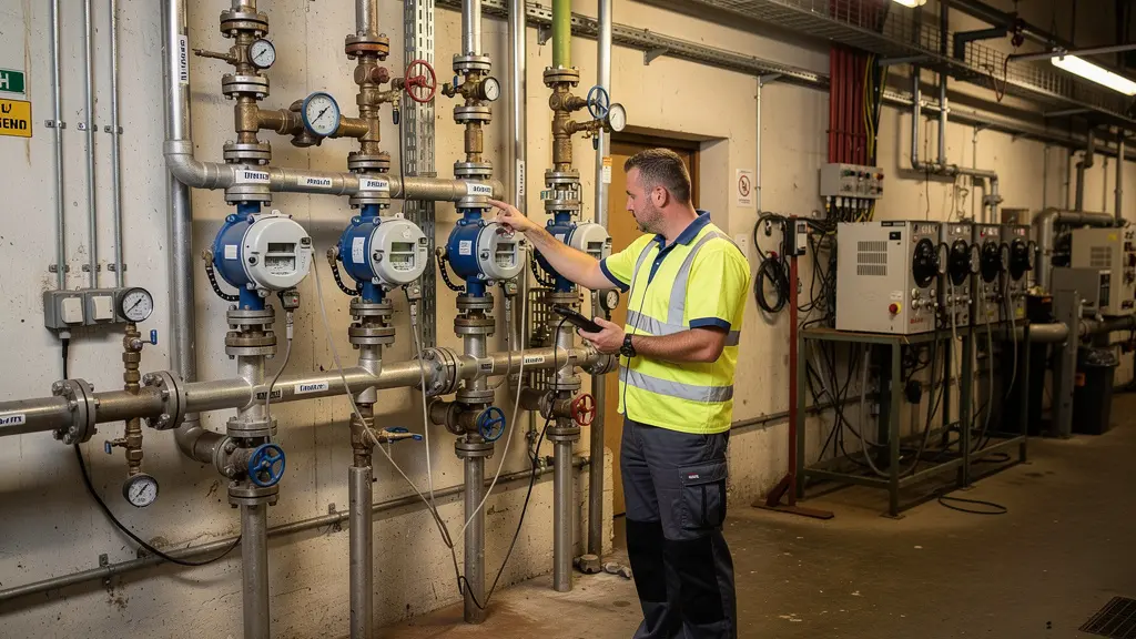 Technicien inspectant un compteur de gaz naturel dans une installation industrielle