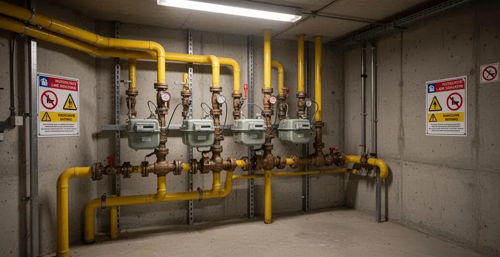 Compteur gaz industriel dans local technique d'une PME française