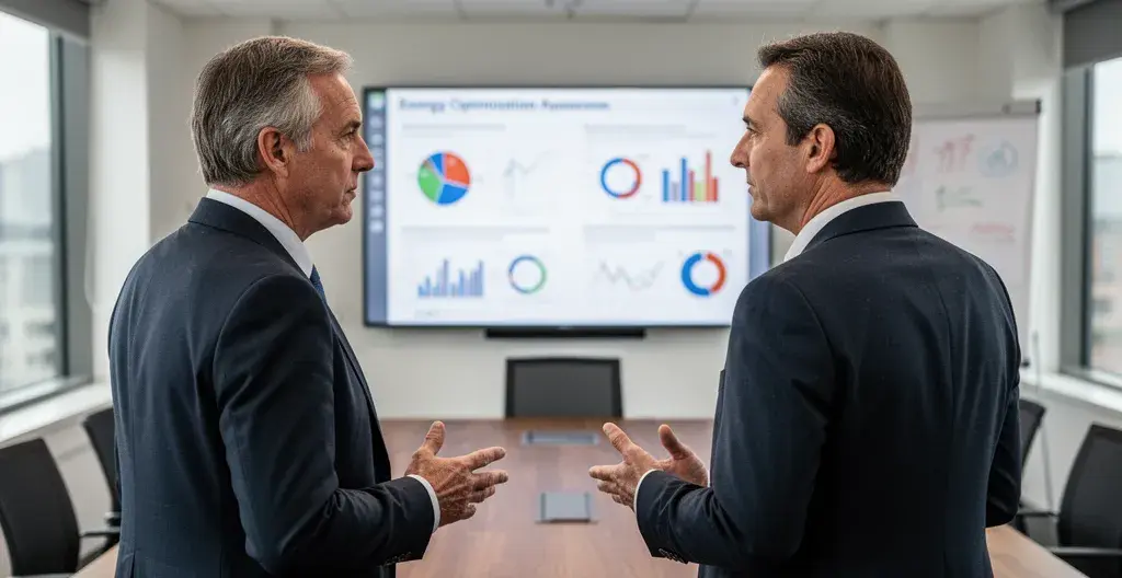 Directeur financier en discussion avec un conseiller énergie dans une salle de réunion