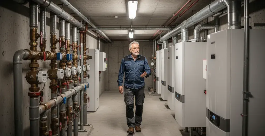 Gestionnaire immobilier inspectant le compteur gaz dans la chaufferie d'un immeuble collectif