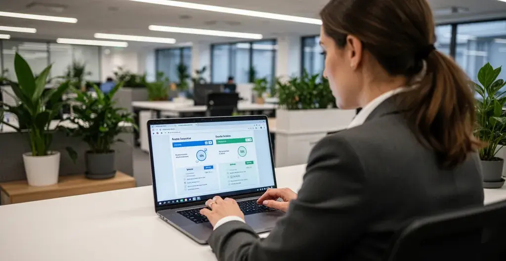 Gestionnaire immobilier analysant une comparaison d'offres gaz sur son ordinateur portable