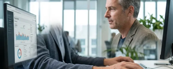 Responsable financier analysant un tableau de bord énergie sur écran dans un bureau moderne
