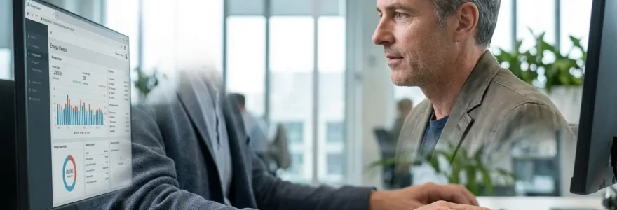 Responsable financier analysant un tableau de bord énergie sur écran dans un bureau moderne