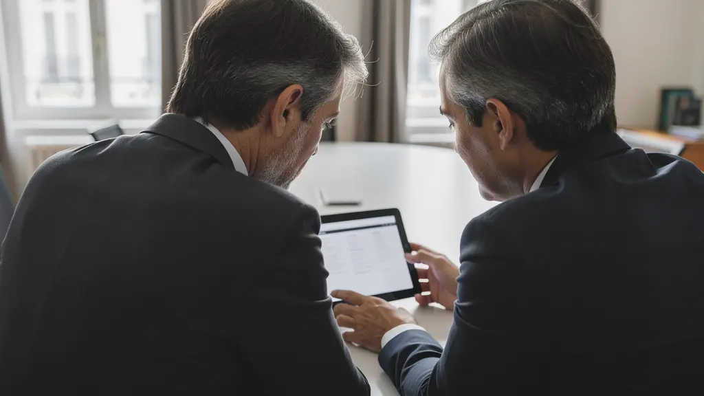 Deux professionnels du conseil syndical consultant une tablette lors d'une réunion