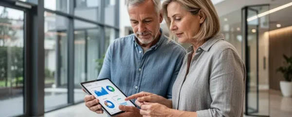 Syndic de copropriété consultant les offres gaz sur tablette dans le hall d'un immeuble moderne