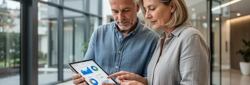 Syndic de copropriété consultant les offres gaz sur tablette dans le hall d'un immeuble moderne