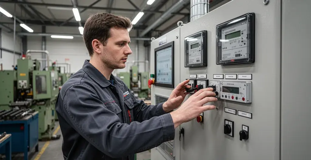 Technicien inspectant un compteur électrique industriel dans un atelier de production