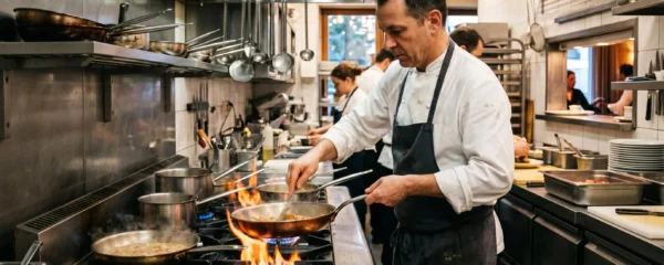 Chef cuisinier travaillant devant un piano de cuisson professionnel au gaz avec flammes visibles dans une cuisine de restaurant en activité