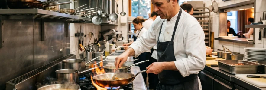 Chef cuisinier travaillant devant un piano de cuisson professionnel au gaz avec flammes visibles dans une cuisine de restaurant en activité