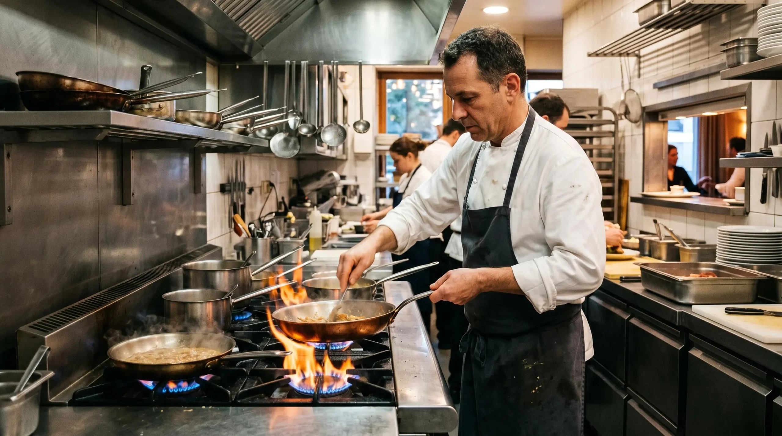Chef cuisinier travaillant devant un piano de cuisson professionnel au gaz avec flammes visibles dans une cuisine de restaurant en activité