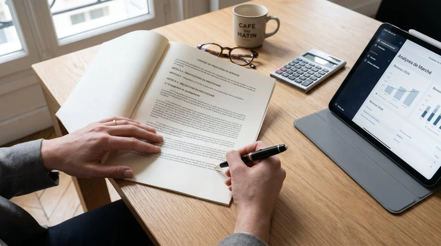 Mains consultant des documents contractuels professionnels sur un bureau avec stylo et calculatrice pour analyser les clauses d'un contrat de fourniture