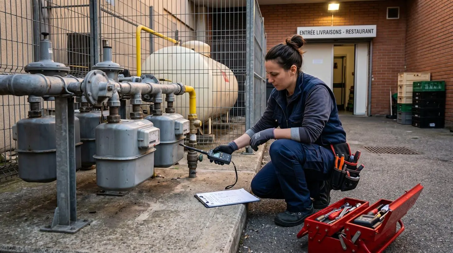 Technicien professionnel effectuant une opération de maintenance sur un équipement de distribution de gaz dans les locaux techniques d'un restaurant