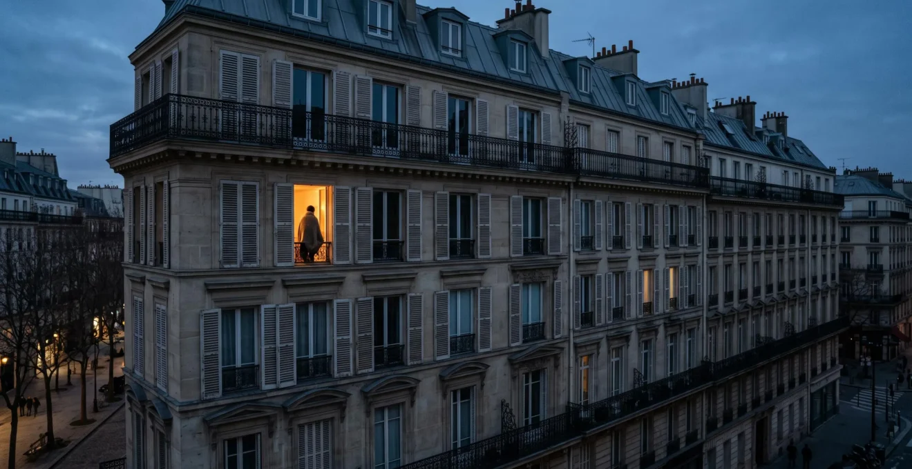 Immeuble d'habitation français la nuit, une fenêtre chaleureusement éclairée contrastant avec des façades plus sombres, symbolisant l'accès inégal à l'énergie