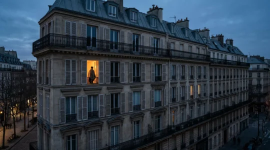 Immeuble d'habitation français la nuit, une fenêtre chaleureusement éclairée contrastant avec des façades plus sombres, symbolisant l'accès inégal à l'énergie