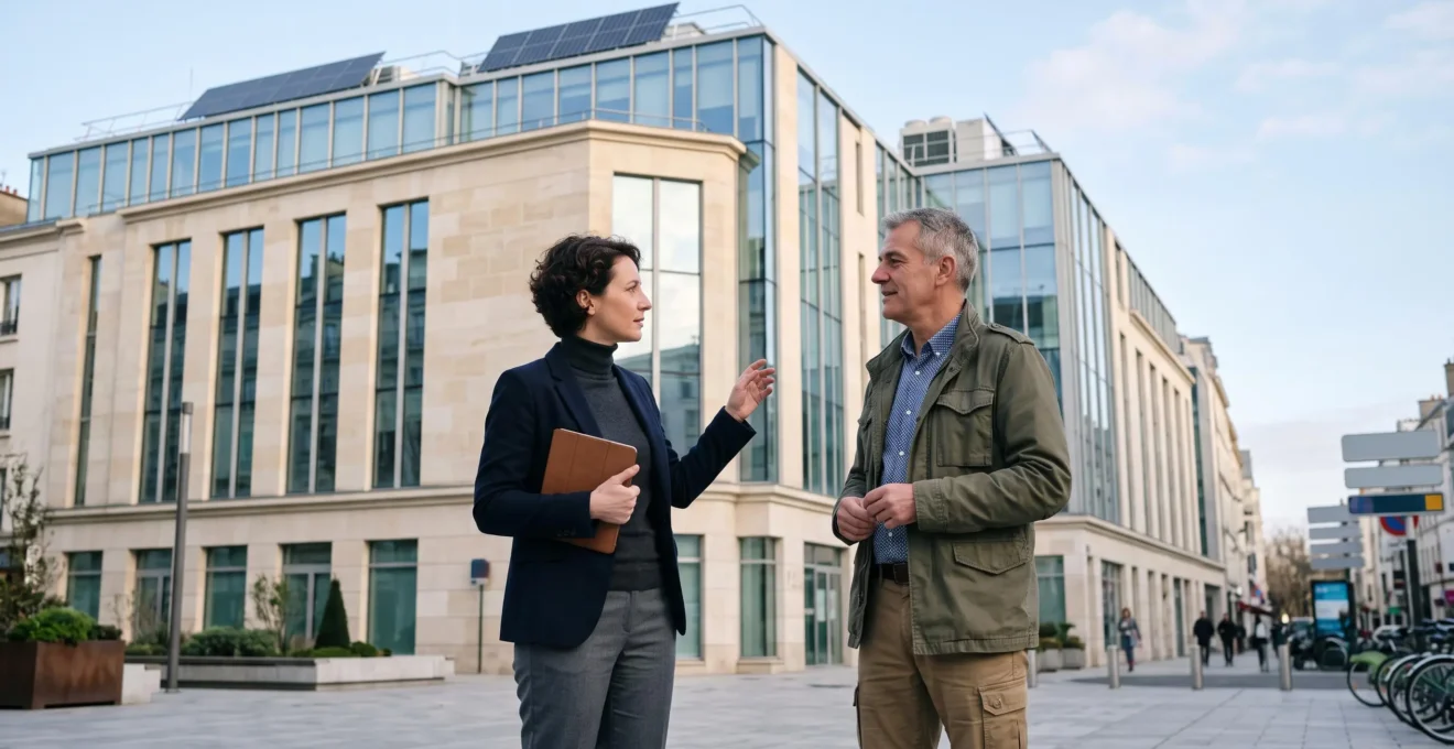 Consultant énergie échangeant avec un responsable de site tertiaire devant un immeuble de bureaux français