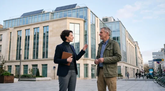 Consultant énergie échangeant avec un responsable de site tertiaire devant un immeuble de bureaux français