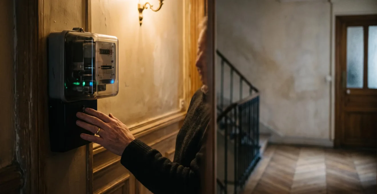 Main d'un particulier examinant le boitier d'un compteur electrique dans un appartement francais, symbolisant l'analyse d'une facture d'energie