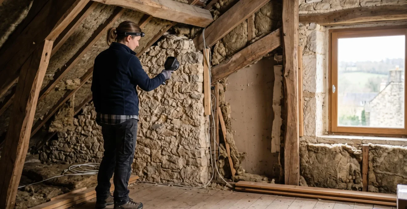 Auditeur énergétique inspectant l'isolation d'une maison française pour établir un plan de travaux rentable