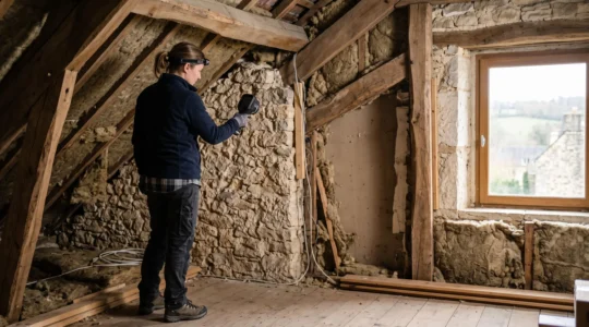 Auditeur énergétique inspectant l'isolation d'une maison française pour établir un plan de travaux rentable