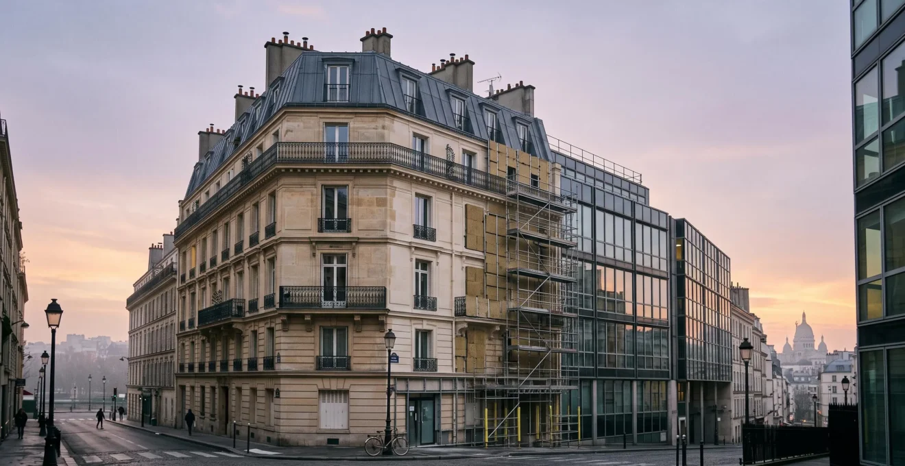 Immeuble tertiaire parisien mêlant architecture haussmannienne et éléments modernes de sobriété énergétique, symbole de la transition vers 2030