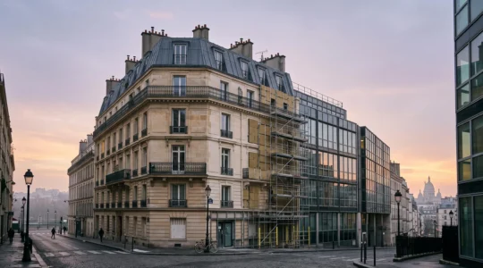 Immeuble tertiaire parisien mêlant architecture haussmannienne et éléments modernes de sobriété énergétique, symbole de la transition vers 2030