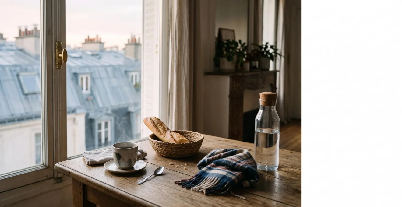 Table de petit-déjeuner dans un appartement parisien illustrant les objets du quotidien liés au bilan carbone