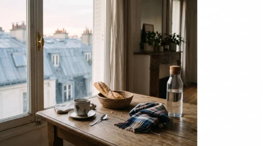 Table de petit-déjeuner dans un appartement parisien illustrant les objets du quotidien liés au bilan carbone