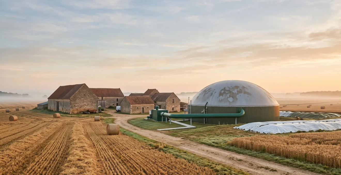Cuve de méthanisation agricole au lever du soleil dans une ferme française, symbole de la transformation des déchets en gaz vert local