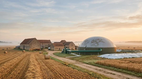 Cuve de méthanisation agricole au lever du soleil dans une ferme française, symbole de la transformation des déchets en gaz vert local