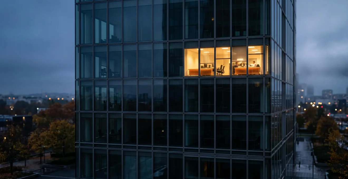Immeuble de bureaux français vide la nuit, éclairé et chauffé inutilement, illustrant le gaspillage énergétique