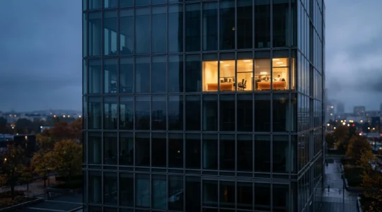 Immeuble de bureaux français vide la nuit, éclairé et chauffé inutilement, illustrant le gaspillage énergétique