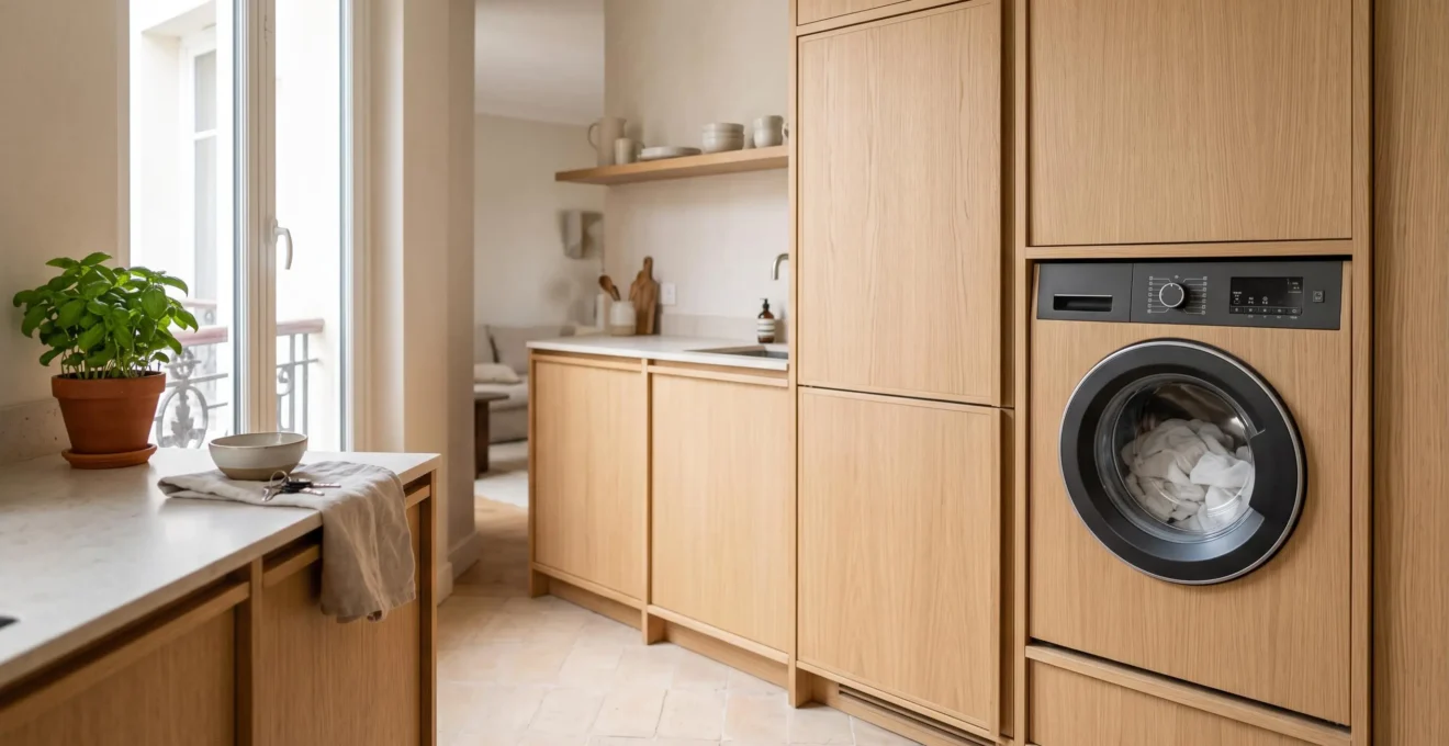 Cuisine française contemporaine avec réfrigérateur et lave-linge modernes, ambiance lumineuse illustrant le choix d'appareils électroménagers économes en énergie