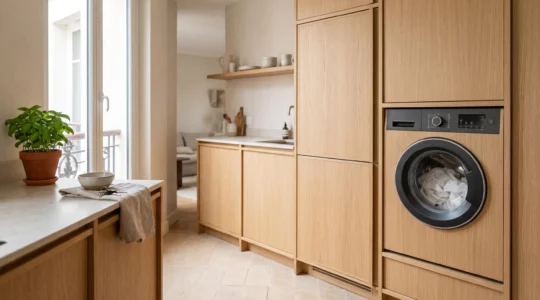 Cuisine française contemporaine avec réfrigérateur et lave-linge modernes, ambiance lumineuse illustrant le choix d'appareils électroménagers économes en énergie