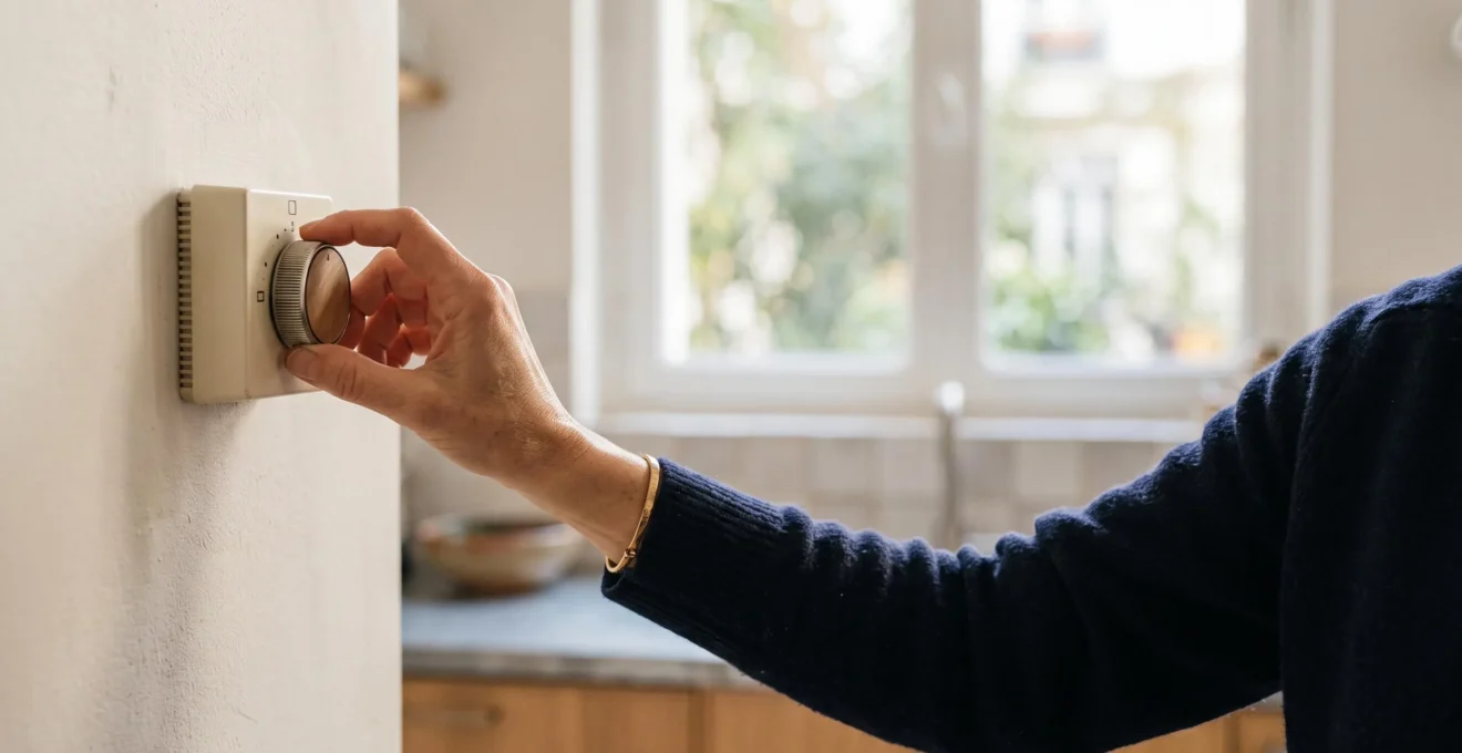 Une personne ajuste sereinement un thermostat dans une cuisine française baignée de lumière naturelle, symbolisant la maîtrise de son contrat d'électricité