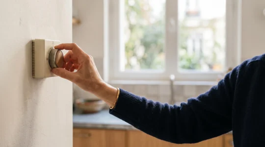 Une personne ajuste sereinement un thermostat dans une cuisine française baignée de lumière naturelle, symbolisant la maîtrise de son contrat d'électricité