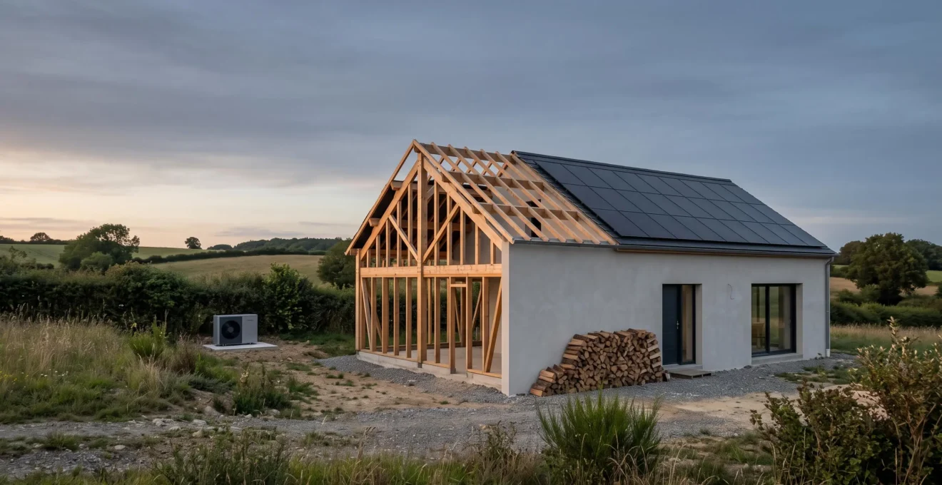 Maison individuelle française en construction avec toiture équipée de panneaux solaires, symbolisant le choix entre gaz, électricité, bois et solaire