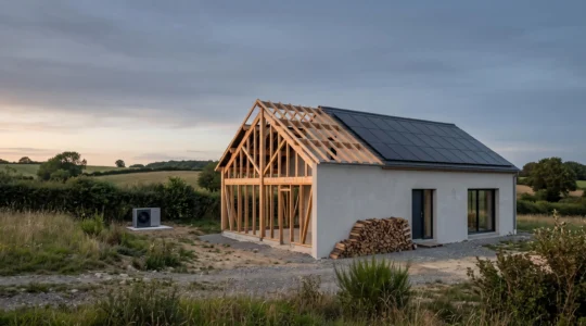 Maison individuelle française en construction avec toiture équipée de panneaux solaires, symbolisant le choix entre gaz, électricité, bois et solaire