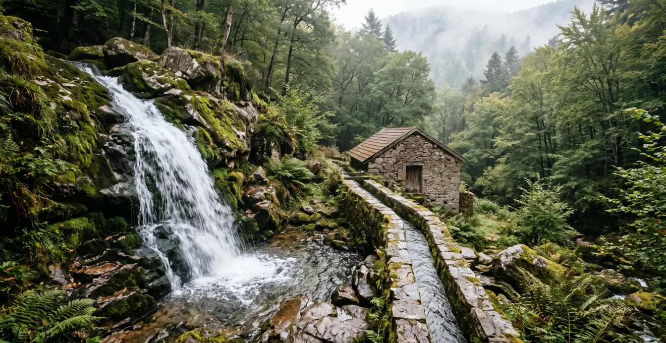 Petite chute d'eau naturelle traversant une propriété rurale française, symbolisant le potentiel de production d'une micro-centrale hydroélectrique
