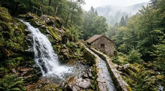 Petite chute d'eau naturelle traversant une propriété rurale française, symbolisant le potentiel de production d'une micro-centrale hydroélectrique
