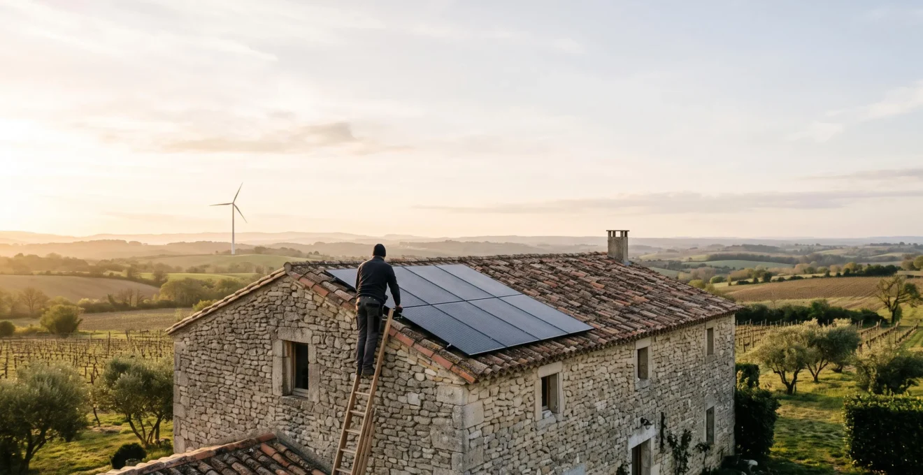 Une personne en France installant des panneaux solaires sur le toit d'une maison à la campagne au lever du soleil, symbolisant l'action citoyenne pour la transition énergétique