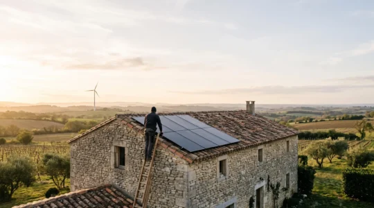 Une personne en France installant des panneaux solaires sur le toit d'une maison à la campagne au lever du soleil, symbolisant l'action citoyenne pour la transition énergétique