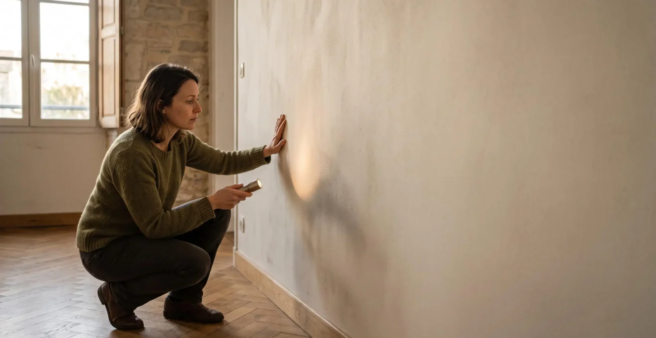 Inspection d'un mur dissimulant une fuite d'eau cachee dans une maison francaise