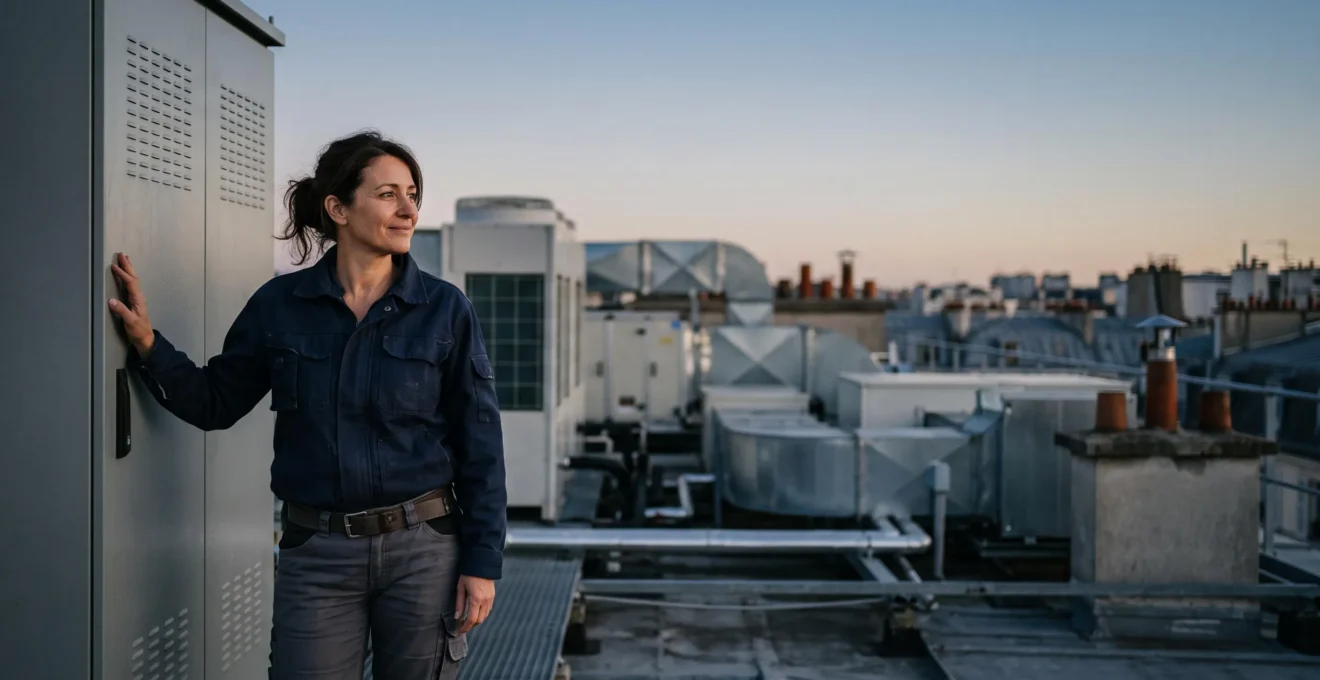 Technicien examinant les installations techniques d'un bâtiment tertiaire français au crépuscule pour détecter les dysfonctionnements énergivores