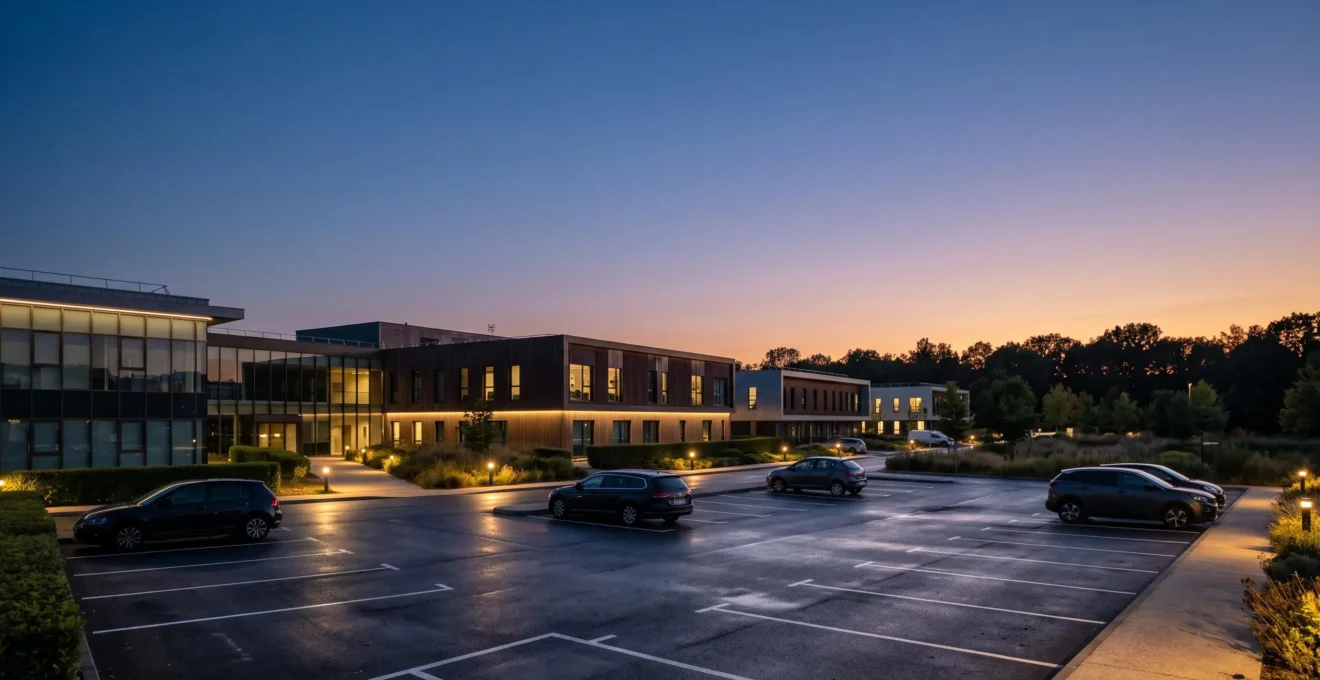 Parking et façade d'un bâtiment professionnel français éclairés par un système LED intelligent au crépuscule