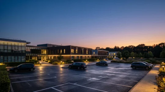 Parking et façade d'un bâtiment professionnel français éclairés par un système LED intelligent au crépuscule