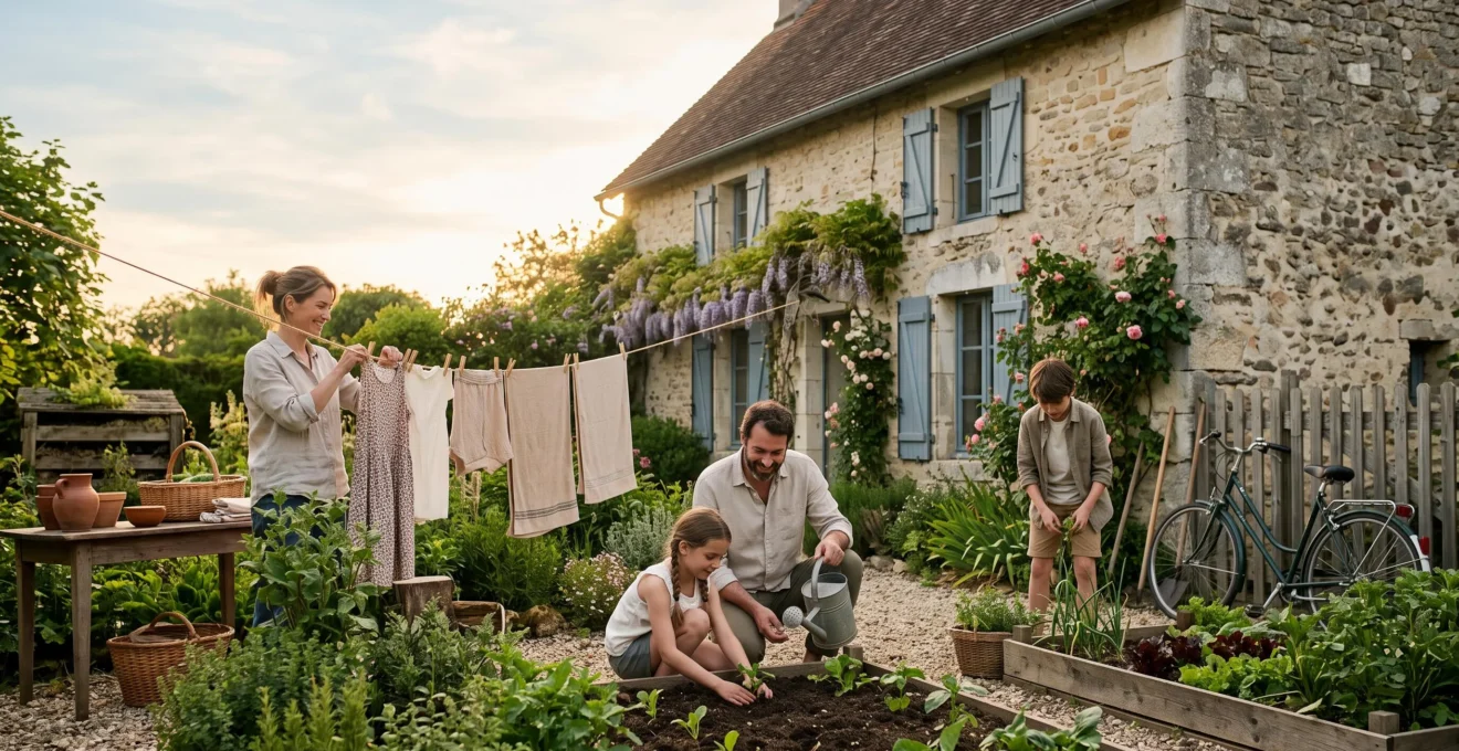 Famille française pratiquant des écogestes ensemble dans un jardin en fin de journée, illustrant les économies d'énergie et d'argent au quotidien