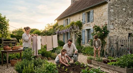 Famille française pratiquant des écogestes ensemble dans un jardin en fin de journée, illustrant les économies d'énergie et d'argent au quotidien