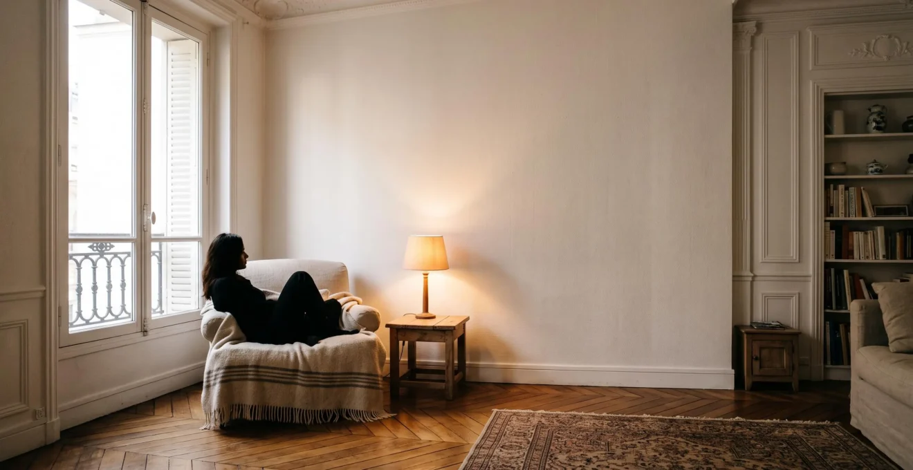 Interieur chaleureux d'une maison francaise baigne de lumiere naturelle, symbolisant des economies d'energie realisees sans travaux ni sacrifice de confort