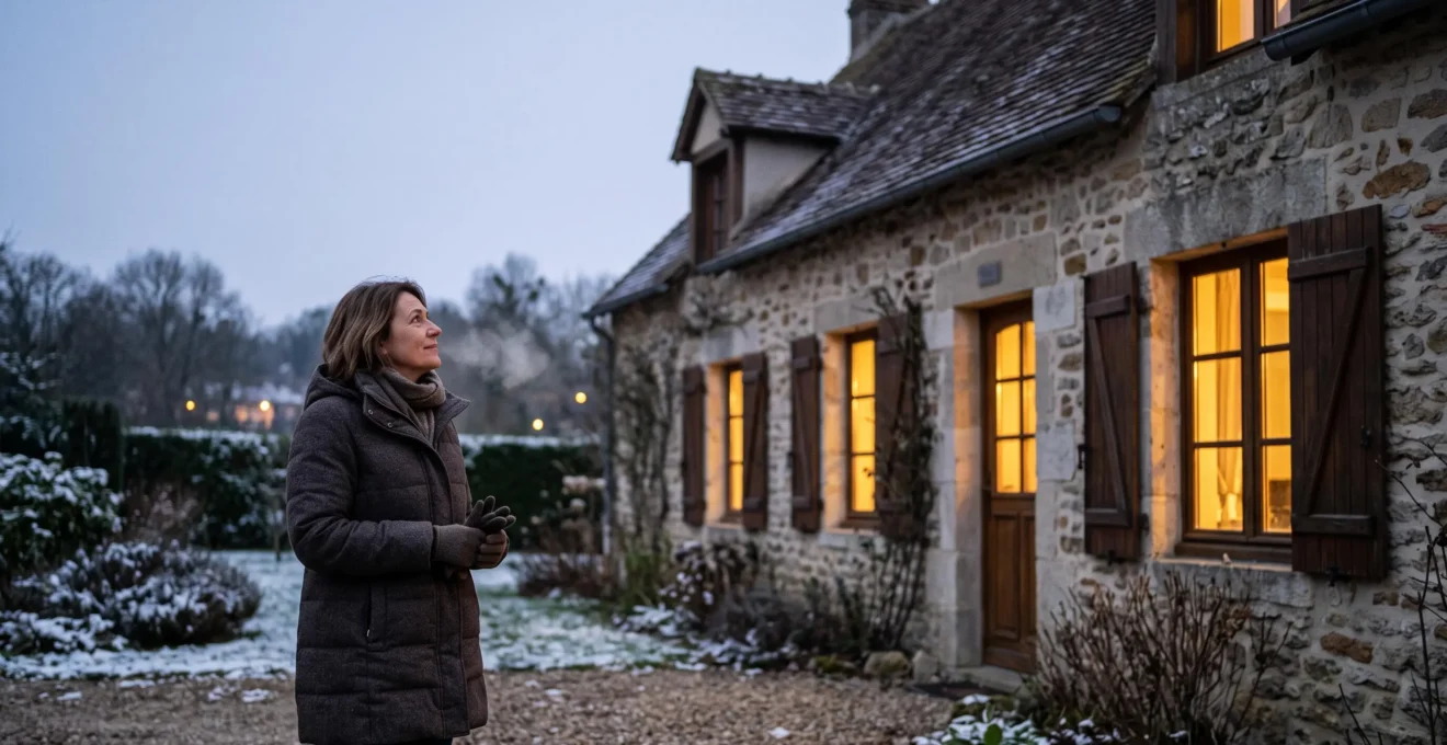 Propriétaire pensif devant sa maison française traditionnelle en hiver, réfléchissant à ses besoins réels de chauffage